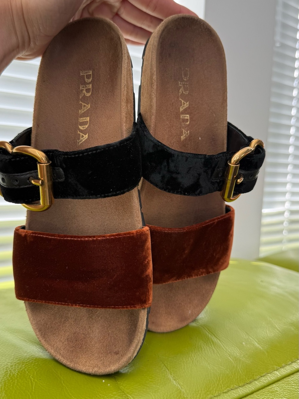 Prada Two-Tone Velvet Slide Sandals - Black & Rust Brown